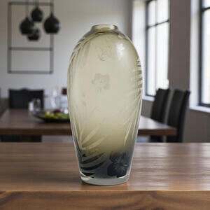 Michael Weems Signed Etched Art Glass Vase 2006 Green Floral 10" Tall